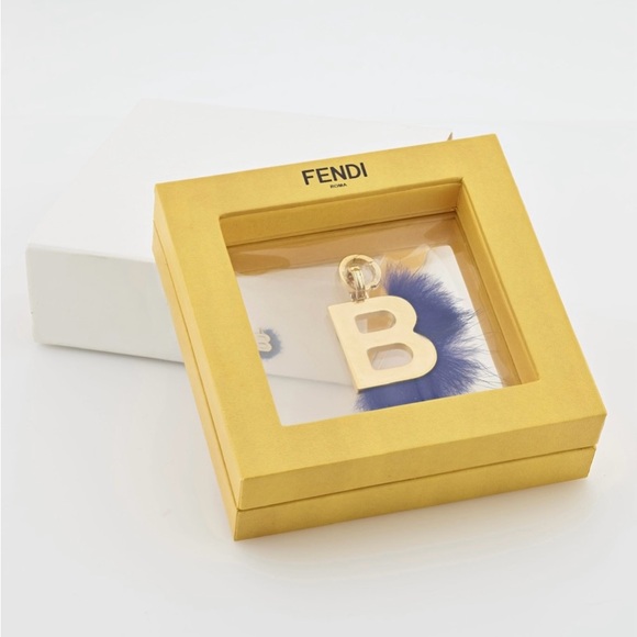 FENDI Gold and Blue MINK Keychain with B Initial CharmMade in Italy,All Products : American Fashion Style Bags On Sale